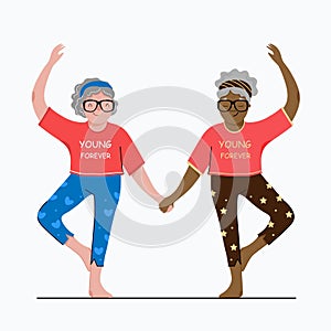 Two funny Old ladies are doing Gymnastics. Black Grannie and white Grannie are holding hands.