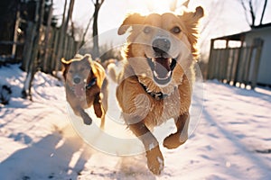 Two funny puppies running side by side along a snowy path against the backdrop of a winter landscape