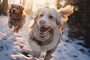 Two funny puppies running side by side along a snowy path against the backdrop of a winter landscape