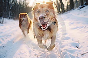 Two funny puppies running side by side along a snowy path against the backdrop of a winter landscape