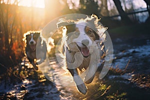 Two funny puppies running side by side along a snowy path against the backdrop of a winter landscape