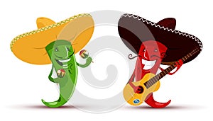 Two funny red and green chili peppers which playin