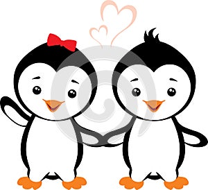 Two funny smiling baby penguins. Simple flat drawing