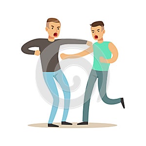 Two furious men characters fighting and quarelling, negative emotions concept vector Illustration