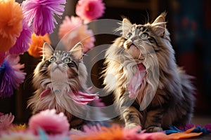 two furry cats look up spellbound. photo