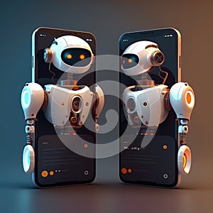 Two futuristic robots with AI in screen of smartphones. Concept of communication, chatbot with artificial intelligence, auto reply