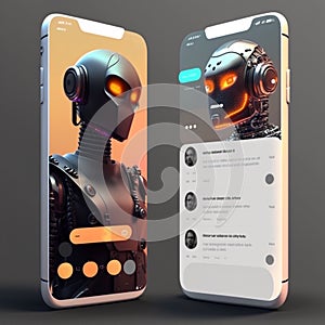 Two futuristic robots with AI in screen of smartphones. Concept of communication, chatbot with artificial intelligence, auto reply