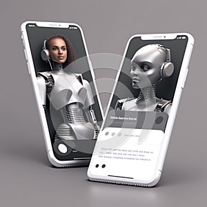 Two futuristic robots with AI in screen of smartphones. Concept of communication, chatbot with artificial intelligence, auto reply