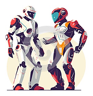 Two futuristic robots with humanoid features discussing or interacting, one in white and grey, the other in white