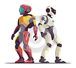 Two futuristic robots, one red and yellow another white, standing side by side, modern ai concept. Artificial