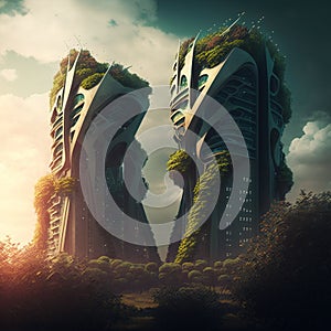 Two futuristic towers with a skybridge covered in lush foliage, digital art. Generative AI