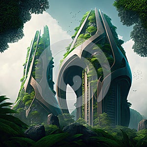 Two futuristic towers with a skybridge covered in lush foliage, digital art. Generative AI