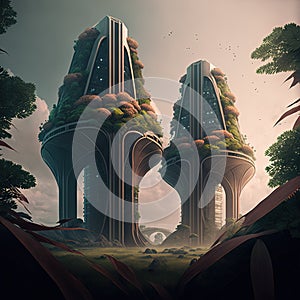 Two futuristic towers with a skybridge covered in lush foliage, digital art. Generative AI