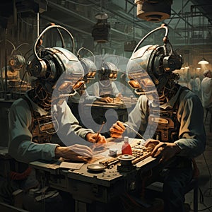 two futuristic welders working in the factory