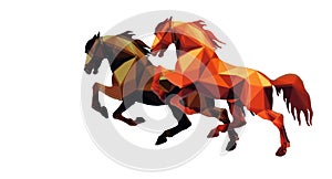 Two galloping horses, isolated amber