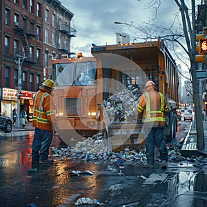 Two garbage collectors standing proudly next to their trusty dump truck, ready to tackle the days trash collection photo