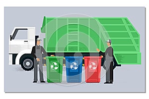 Two garbagemen working together on emptying dustbins for trash removal.Garbage truck and dustmen. Illustration in flat