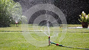 Two garden sprinklers watering grass