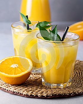 Two Gasses of Tasty Orange Juice Tasty Summer Citrus Drink Ripe Oranges