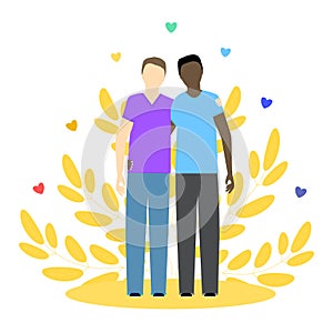 Two gay guys, black and white. LGBT couple. Gay relationship. Concept vector illustration.