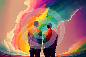 Two gay men gazing at a rainbow, symbolizing the promise of love and acceptance, generative ai. The bright hues and