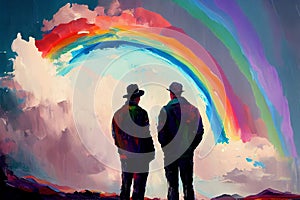 Two gay men gazing at a rainbow, symbolizing the promise of love and acceptance, generative ai. The bright hues and