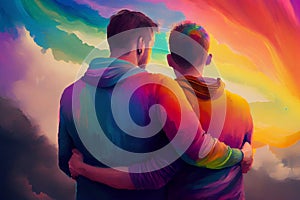 Two gay men gazing at a rainbow, symbolizing the promise of love and acceptance, generative ai. The bright hues and