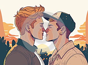 Two gay men kissing. LGBTQ manifesto. Respect, tolerance, equality