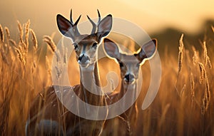 Two gazelles standing in a grassland, gazelles and antelopes image