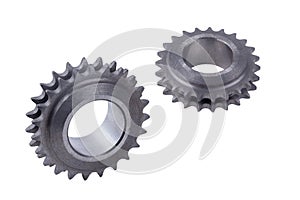Two gears of the gas distribution mechanism for installation on the car, isolated on a white background