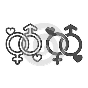 Two gender signs with hearts, unity line and solid icon, dating concept, male and female symbol vector sign on white