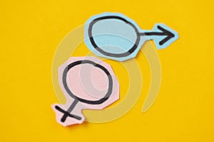 Two gender symbols Venus and Mars cut from blue and pink paper. Heterosexuality photo