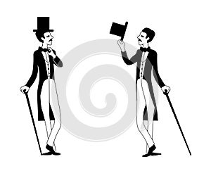 Two gentlemen greet each other. Vector contour black illustration