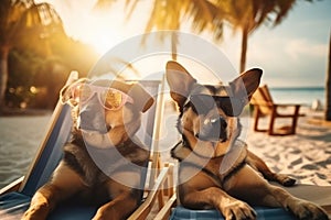 Two German Shepherd dogs in glasses lie on sunbeds on the sand on the beach near the ocean, tropics and sea, palm trees summer