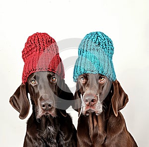 Two German Shorthaired Pointer dogs wearing balaclavas, in red and teal knitted wool, minimalist photography with a photo