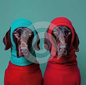 Two German Shorthaired Pointer dogs wearing balaclavas, in red and teal knitted wool, minimalist photography with a photo