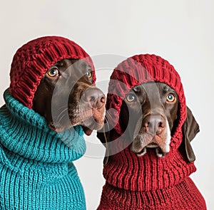 Two German Shorthaired Pointer dogs wearing balaclavas, in red and teal knitted wool, minimalist photography with a photo