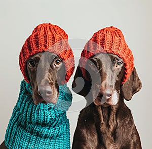 Two German Shorthaired Pointer dogs wearing balaclavas, in red and teal knitted wool, minimalist photography with a photo