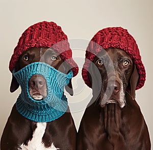 Two German Shorthaired Pointer dogs wearing balaclavas, in red and teal knitted wool, minimalist photography with a photo