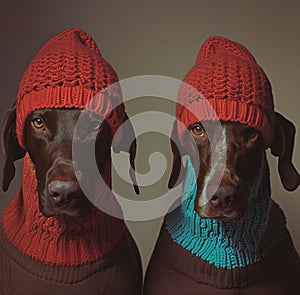 Two German Shorthaired Pointer dogs wearing balaclavas, in red and teal knitted wool, minimalist photography with a photo