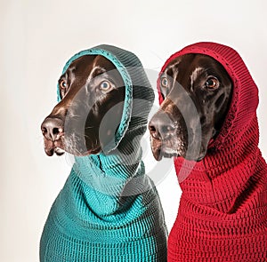 Two German Shorthaired Pointer dogs wearing red and teal balaclavas photo