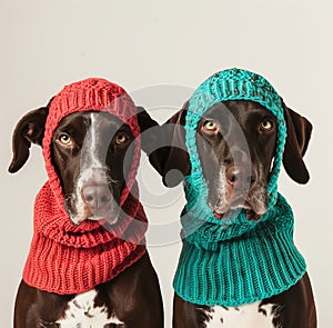 Two German Shorthaired Pointer dogs wearing red and teal balaclavas photo
