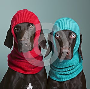 Two German Shorthaired Pointer dogs wearing red and teal balaclavas photo