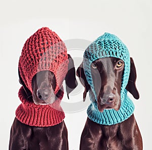 Two German Shorthaired Pointer dogs wearing red and teal balaclavas photo