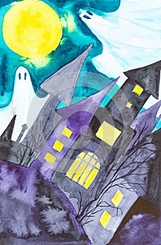 Two ghosts fly the night over the castle on Halloween. Watercolor illustration