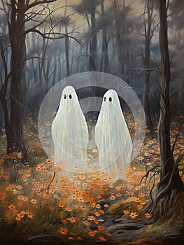 Two ghosts walking in the fall forest, thanksgiving