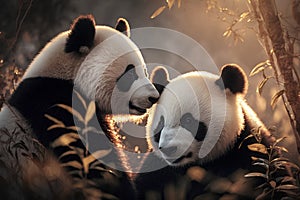 Two giant panda bear in bamboo forest at sunset. Chengdu, China