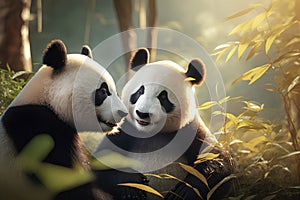 Two giant panda bear sitting in bamboo forest and looking at each other