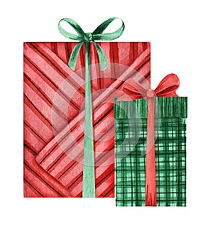 Two gift boxes with bows, covered with decorative paper. Red and green boxes. Christmas presents. hand-drawn watercolor