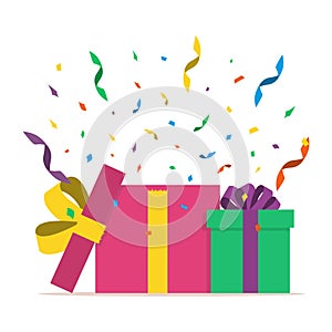 Two gift boxes with confetti. Flat style. Present package with bursting elements, surprise inside